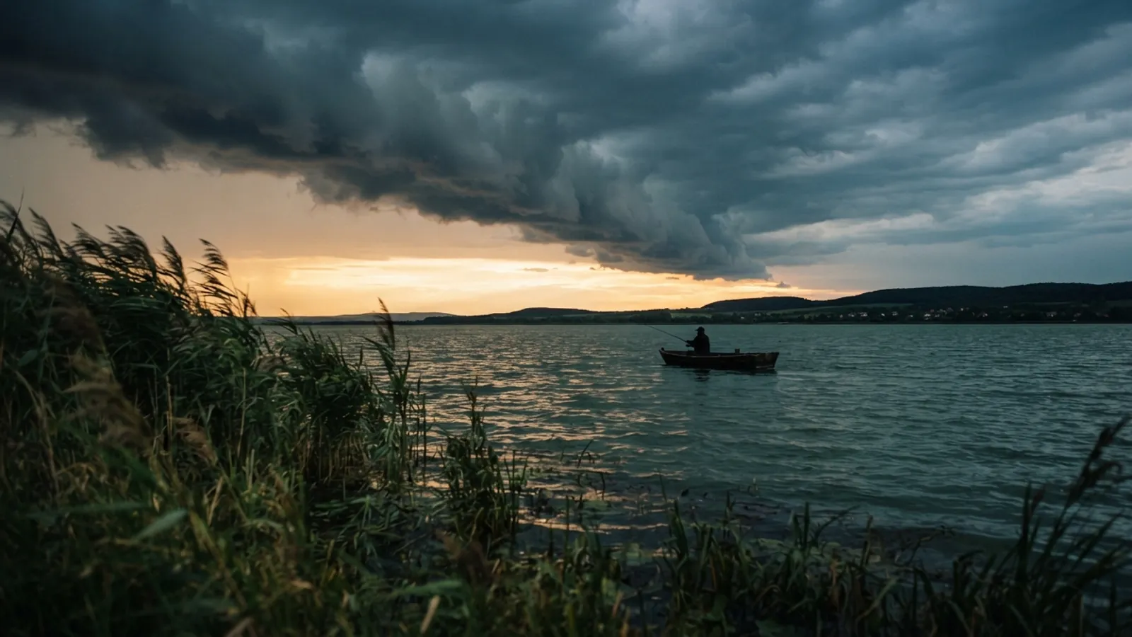 A cold front sweeps over a lowland lake at dusk while a clear edge of sky still glows behind an angler in a boat