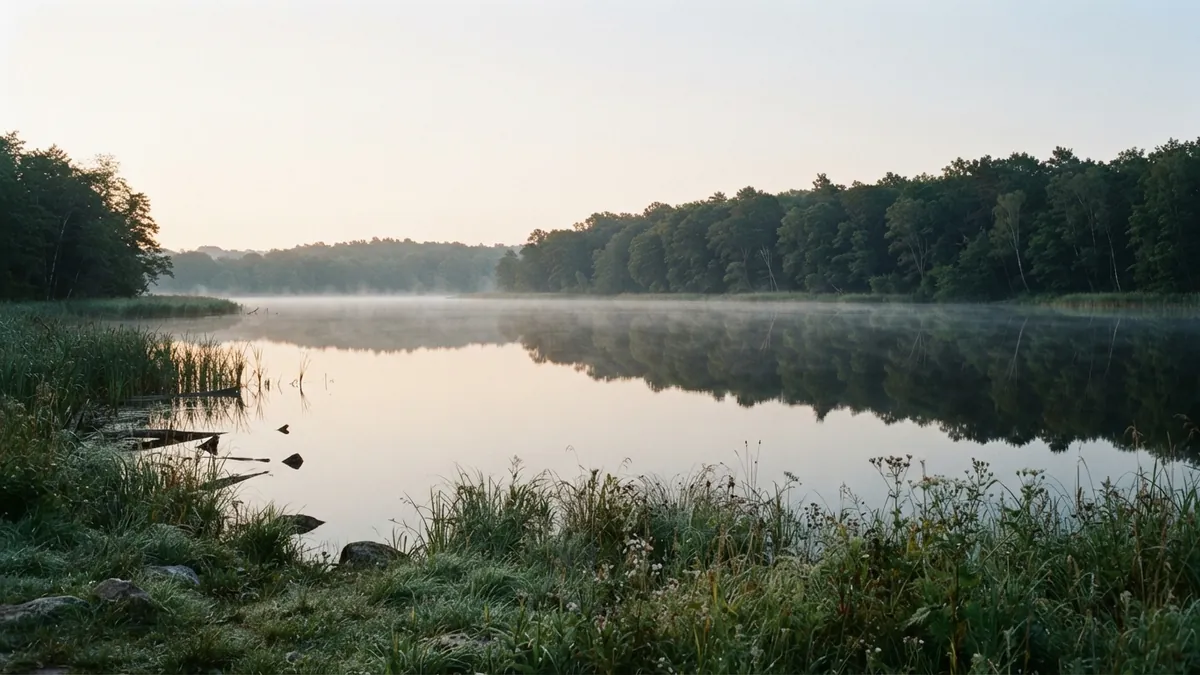 Mirror-calm lake at first light under a settled high, mist lying flat on glassy water with no wind at all