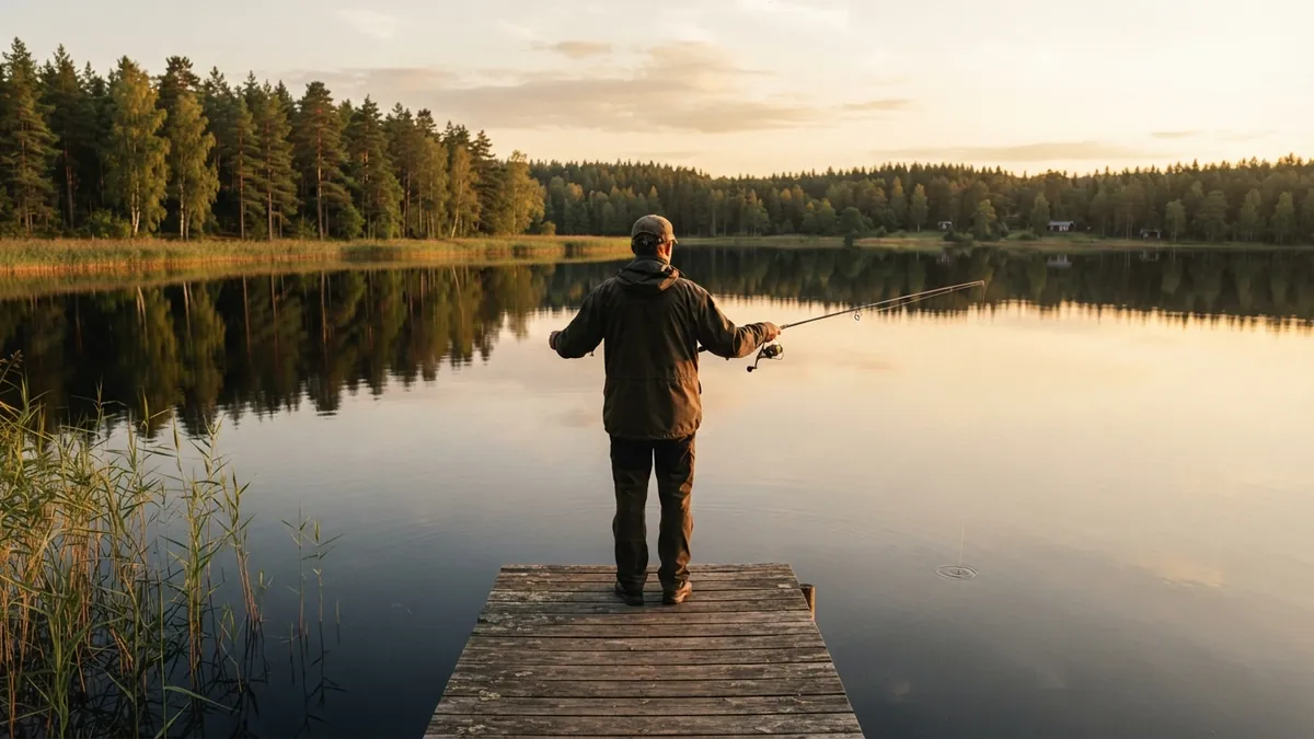 Angler on a wooden jetty casting a spinning rod over a calm lake on a warm late-summer evening
