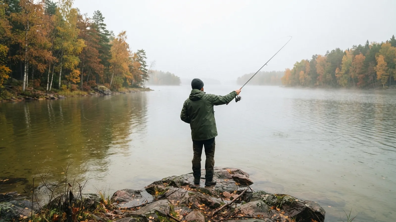 Angler seen from behind casting a spinning rod from a rocky point on a misty lake with autumn birch and pine