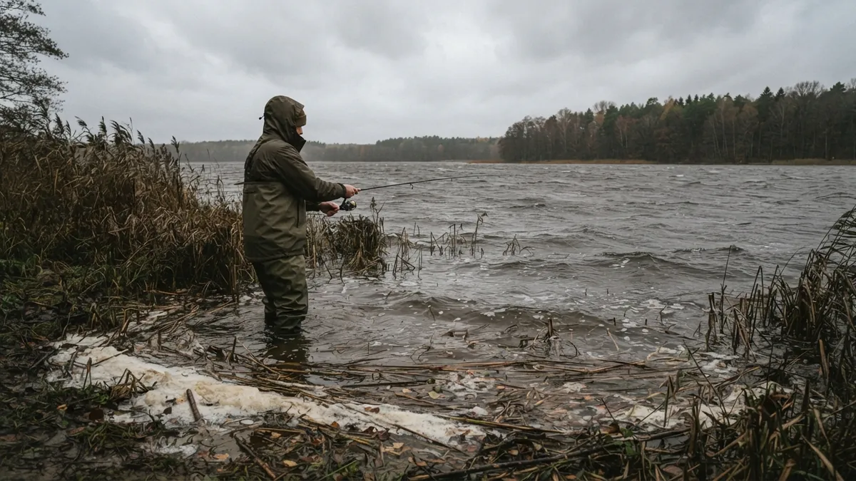 Angler in waders reeling in on a windswept autumn lake, foam and dead reeds washed up along the murky edge