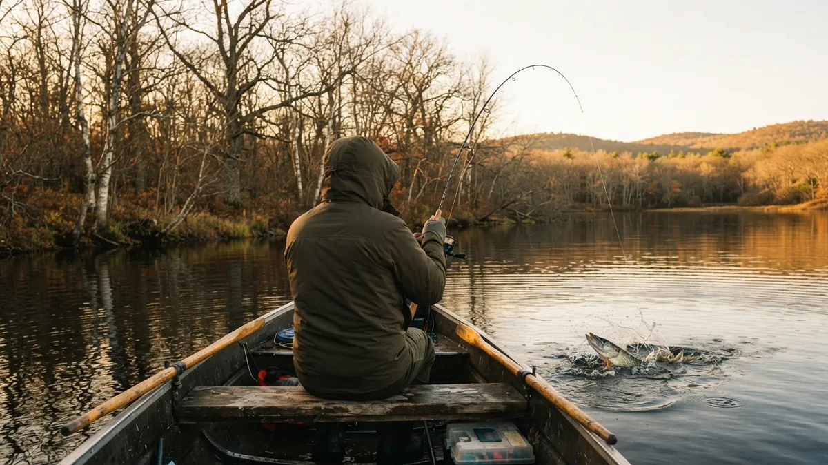 Angler in a hood, seen from behind, playing a pike on a bent spinning rod from a small boat in autumn