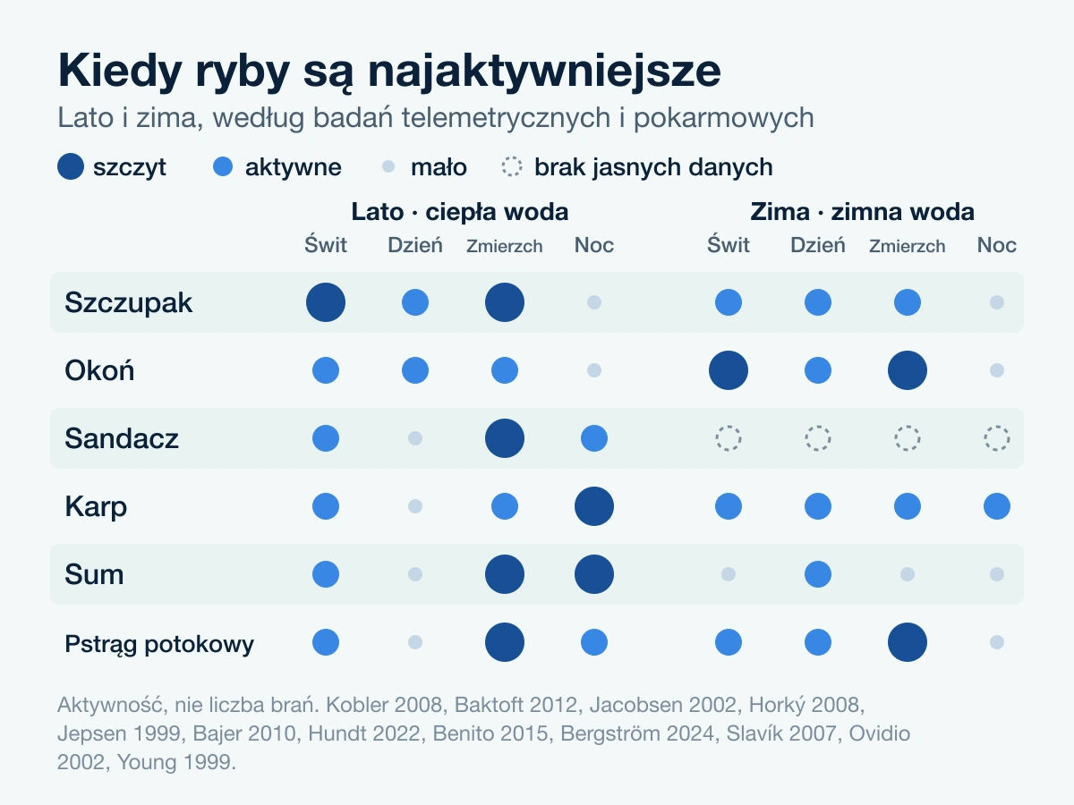 Tabela: kiedy sześć gatunków ryb jest najaktywniejszych o świcie, w dzień, o zmierzchu i nocą, latem i zimą