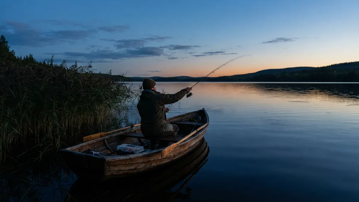 Angler casting a spinning rod from a small wooden boat by the reeds at blue hour after sunset