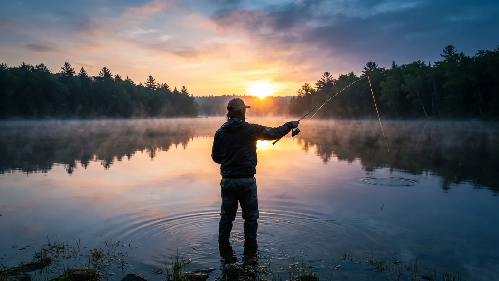 Angler wading knee-deep in a misty lake at sunrise, casting a spinning rod towards the rising sun