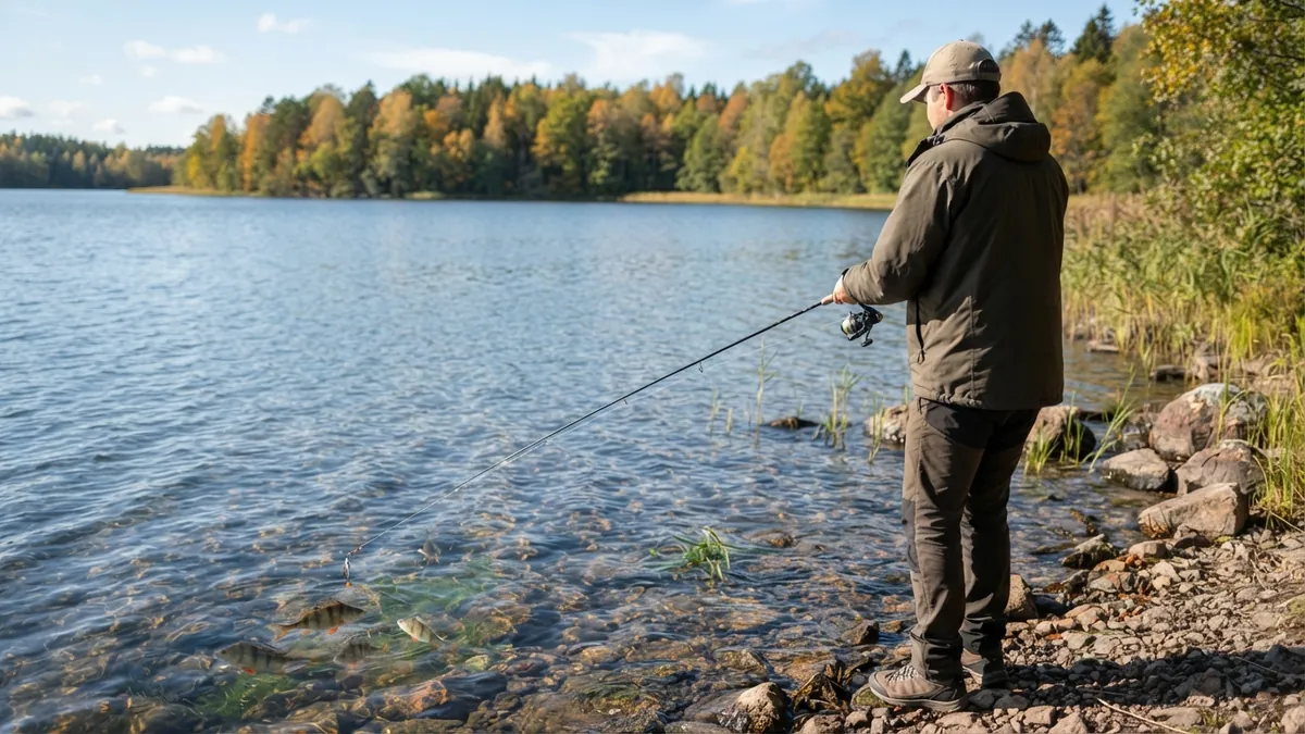 Angler on a rocky lake shore at midday in early autumn, retrieving a lure with a spinning rod in clear water