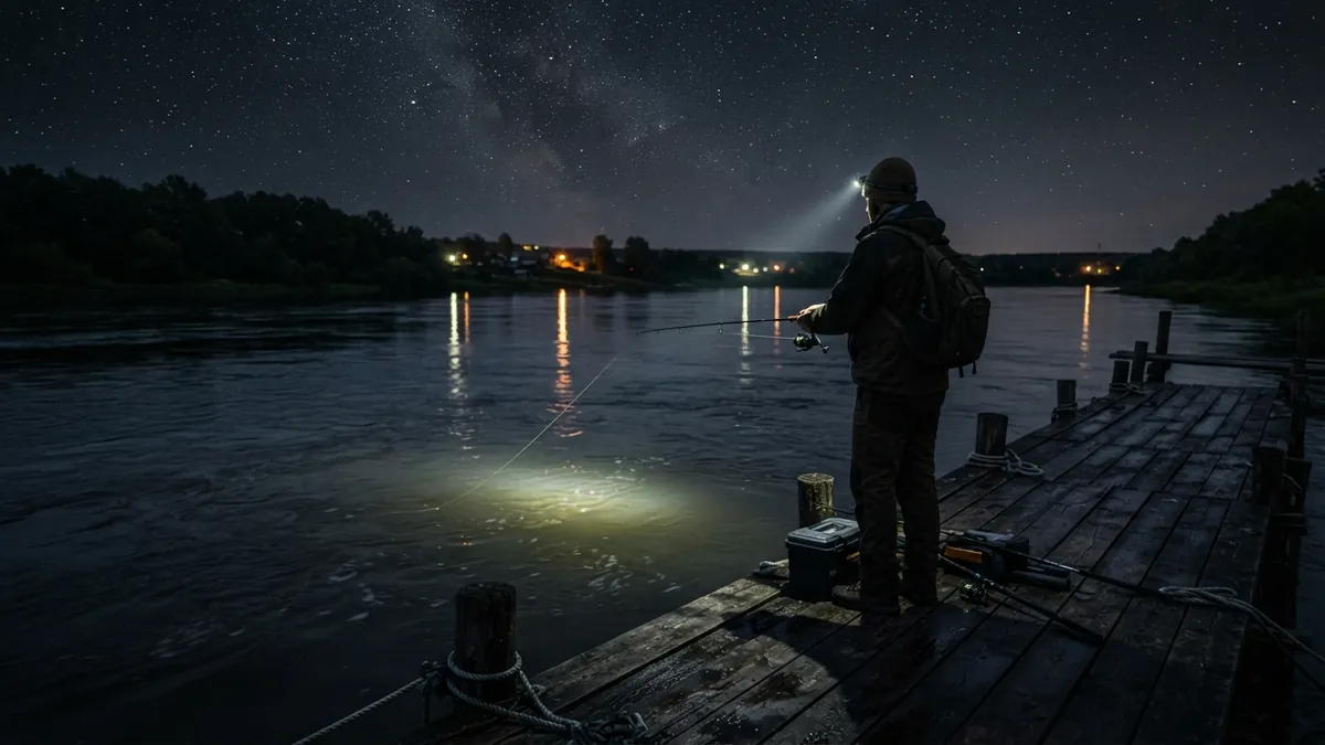 Angler with a headlamp fishing a spinning rod from a wooden pier on a dark river at night