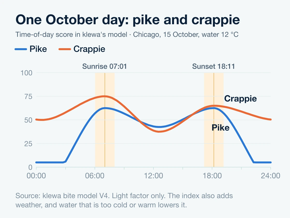 Time-of-day score, Chicago, 15 October, water 12 °C: pike peaks at sunrise and sunset, crappie at sunrise, fair at night
