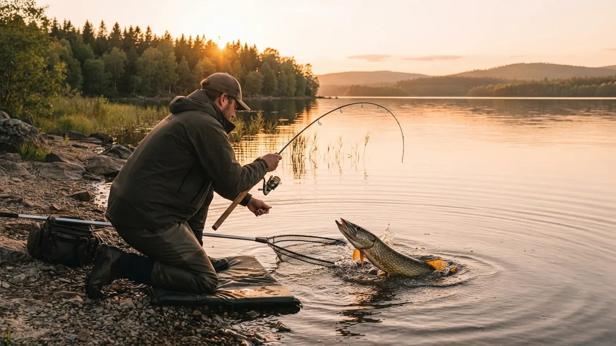 Angler kneeling on a reservoir shore in golden evening light, netting a pike on a bent spinning rod