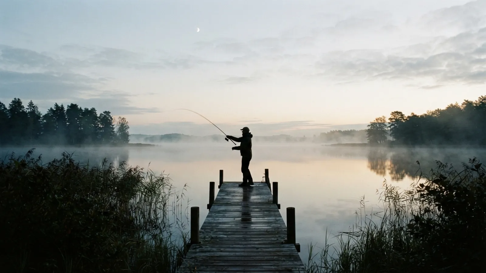 Angler silhouetted mid-cast on a wooden jetty over a misty lake at first light, a pale moon high in the sky