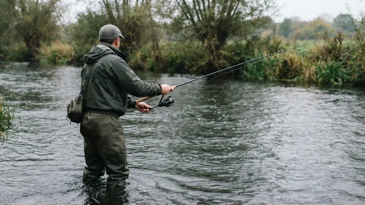 Angler in waders retrieving a lure with a spinning rod on a grey, overcast river morning