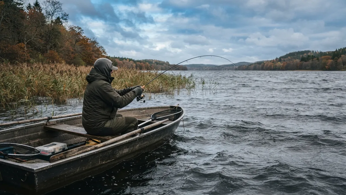 Angler in a small boat working a lure along the reeds on a wind-ruffled lake under moving clouds