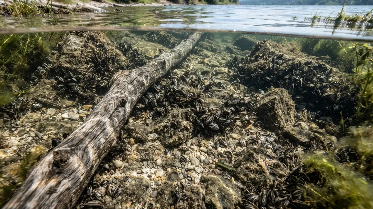 Abrasive bottom in clear shallow water: rocks crusted with zebra mussels and a stripped sunken branch