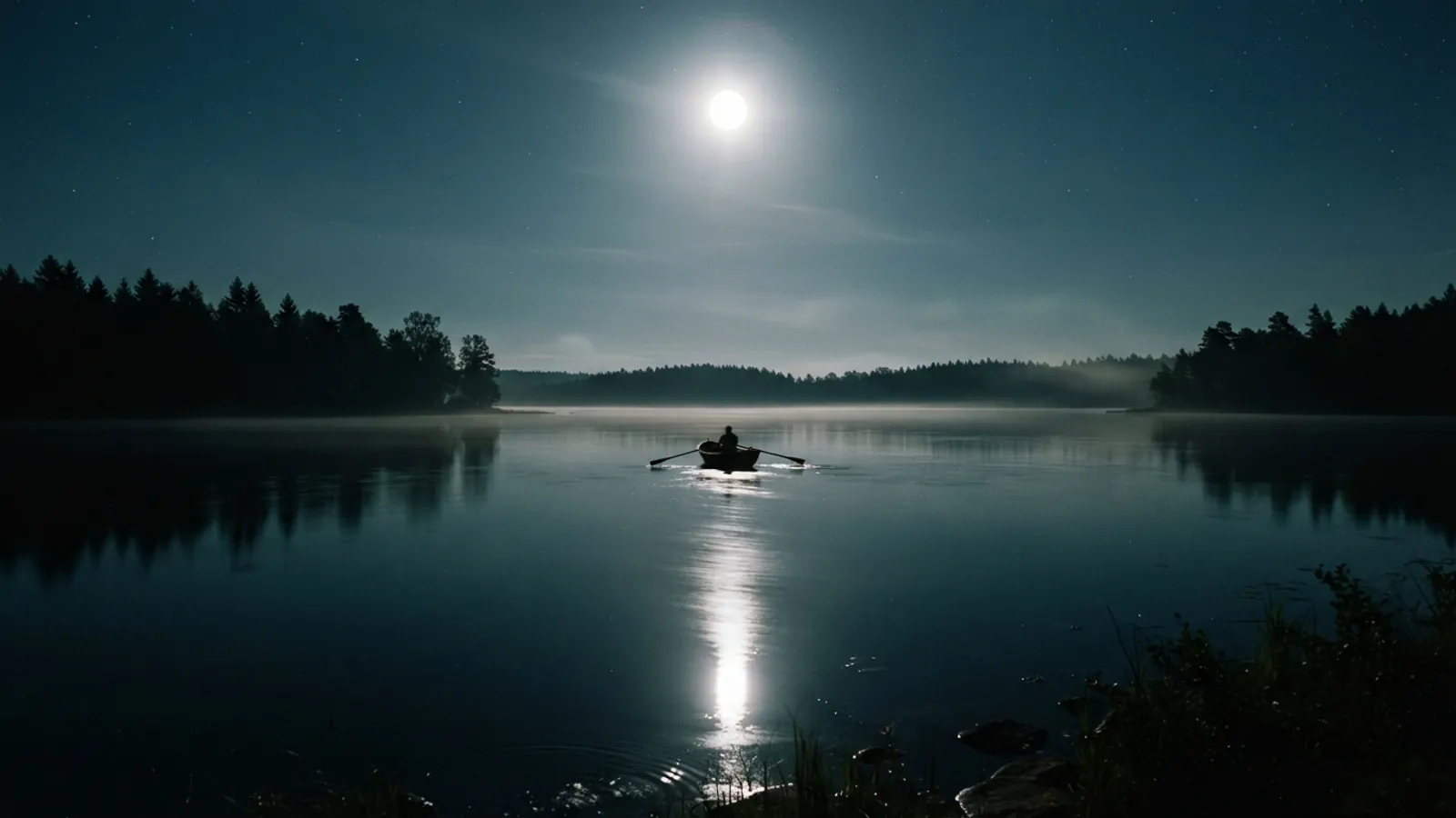 Full moon high over a still lake, its silver path running across the water to a small boat far out