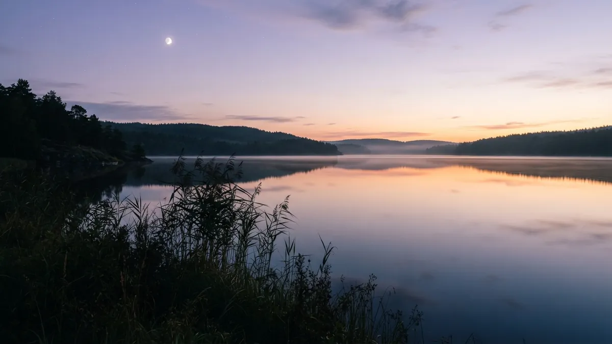 Dawn twilight over a calm lake with a pale moon still up, night blue and first warm light in the same sky