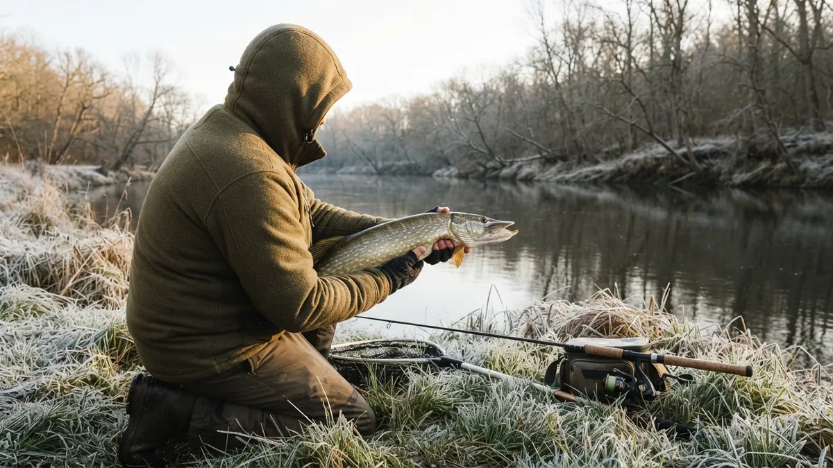 Angler in a hooded jacket kneeling on a frosty riverbank in low November sun, holding a pike, his spinning rod in the grass