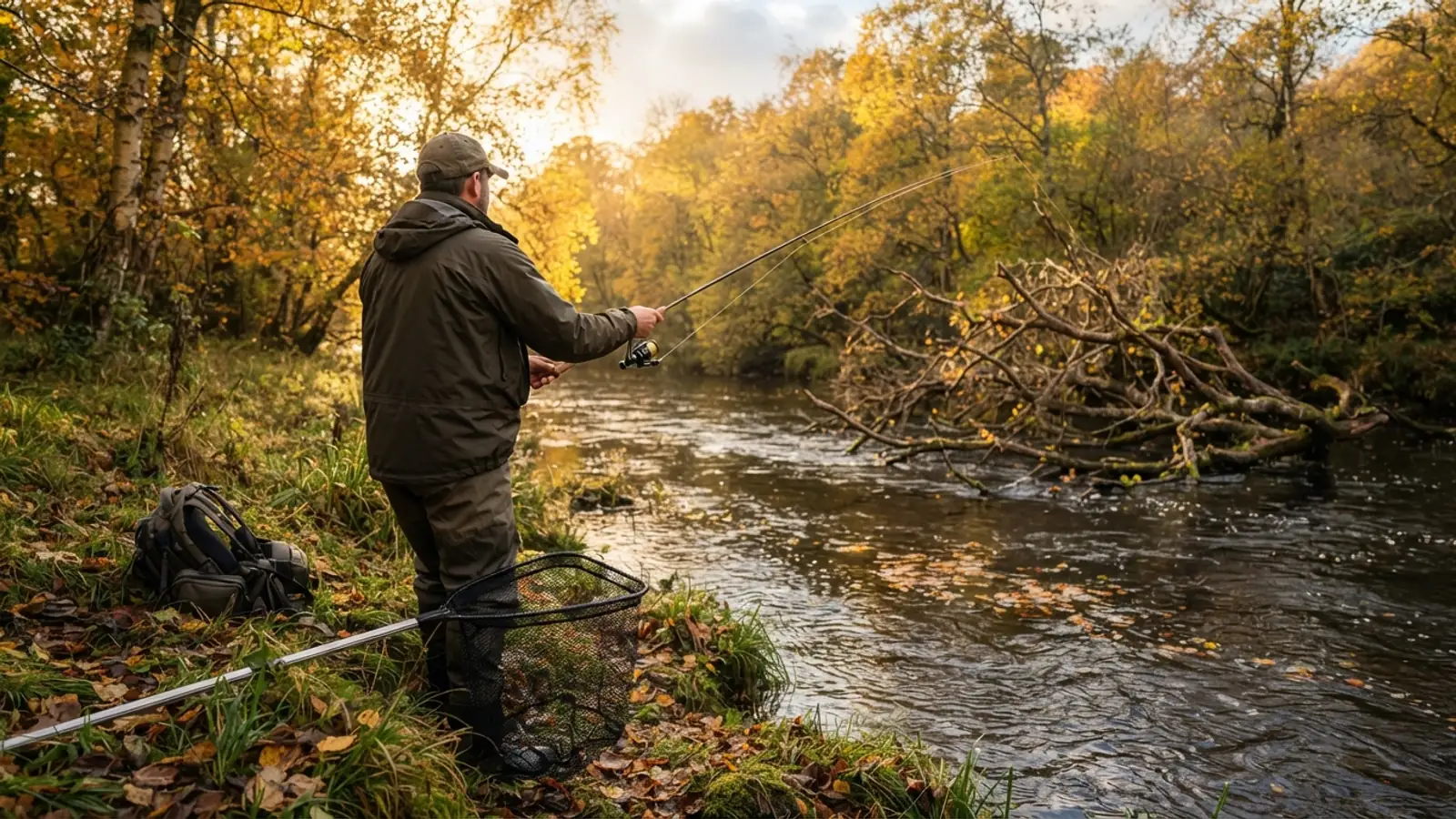 Angler seen from behind casting a spinning rod across a small river towards a fallen tree in golden autumn light