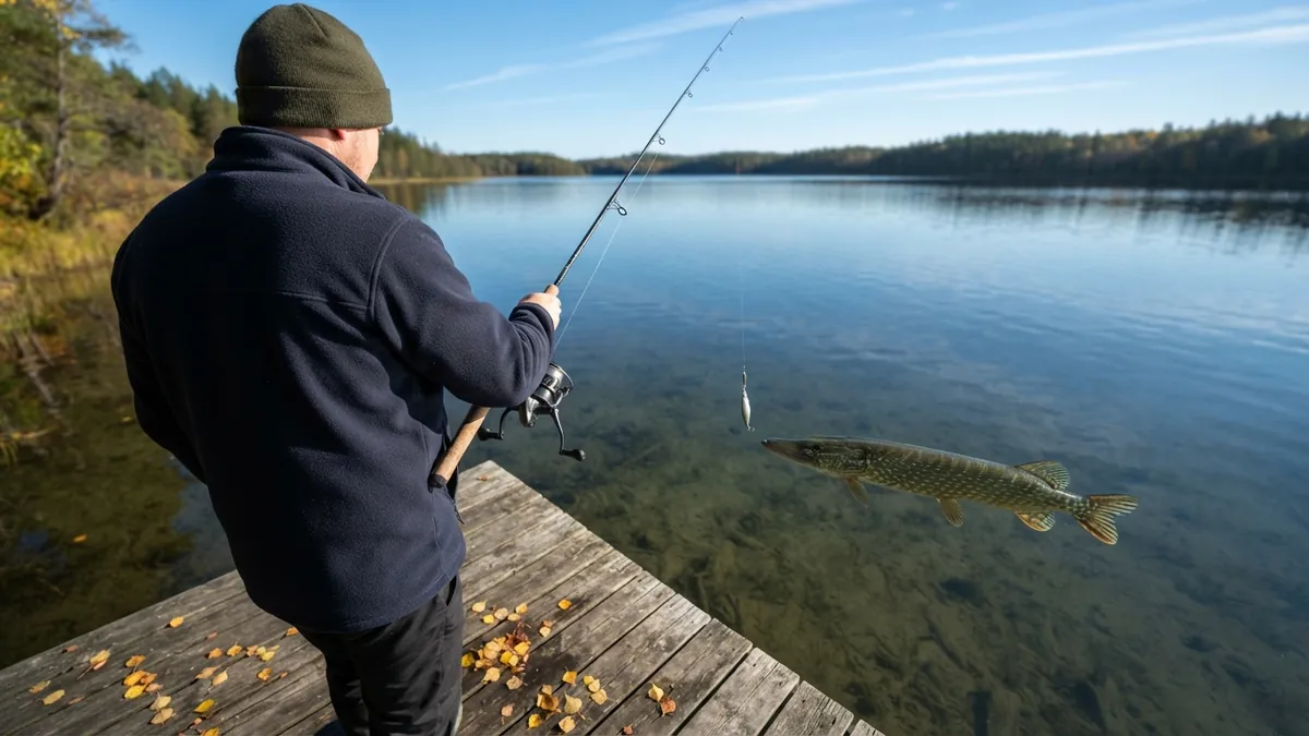 Angler on a wooden jetty on a bright late-October day while a pike follows the lure in clear, cool water