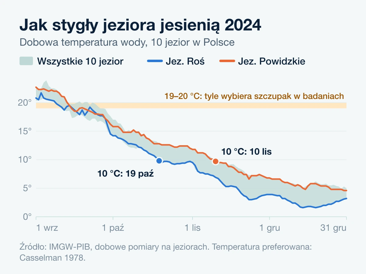 Temperatura wody w 10 polskich jeziorach jesienią 2024: 10 °C w Jeziorze Roś 19 października, w Powidzkim 10 listopada