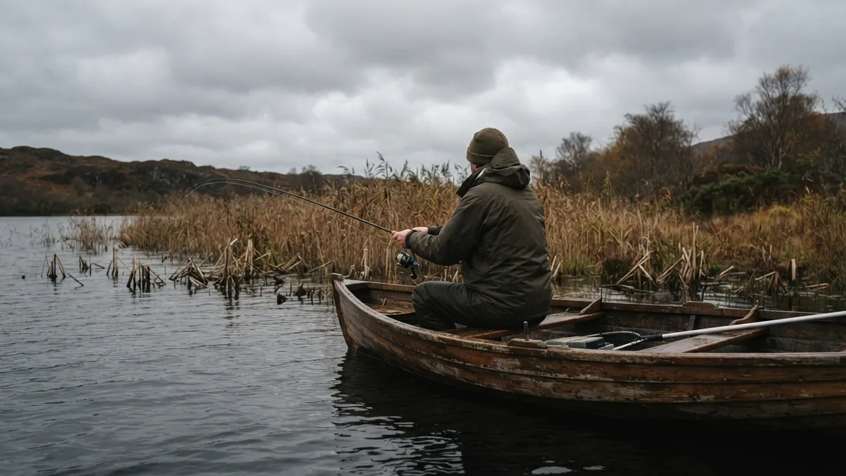 Angler in a small rowing boat working a spinning rod along a brown, dying reed bed on a grey October lake
