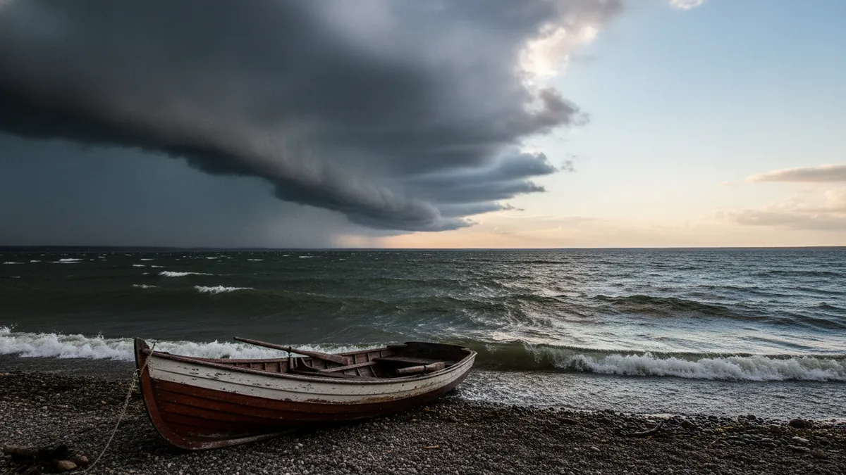 Shelf cloud of a cold front rolling over a wind-whipped lake, with clear sky still visible behind it