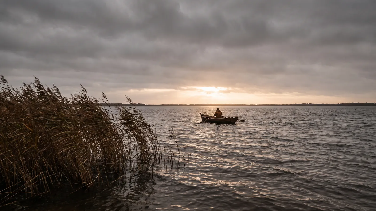 Overcast dusk over a wind-ruffled lake, one angler rowing past the reeds as light breaks under the cloud