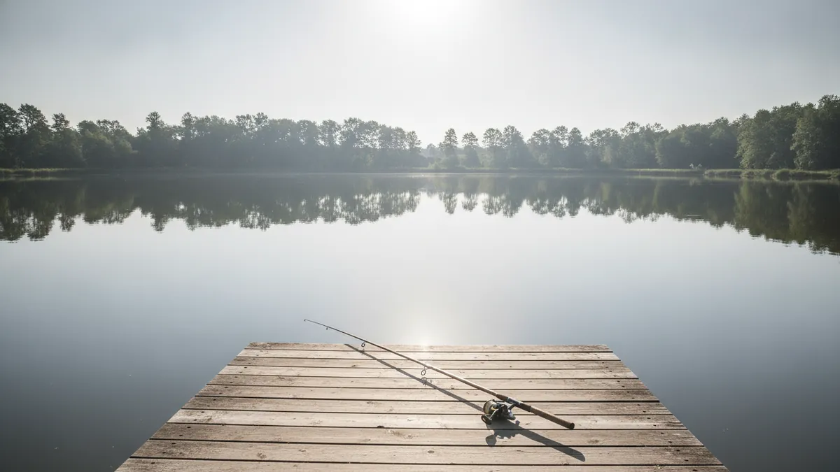 Glassy, windless lake under a high midday sun, with a fishing rod left lying on the jetty