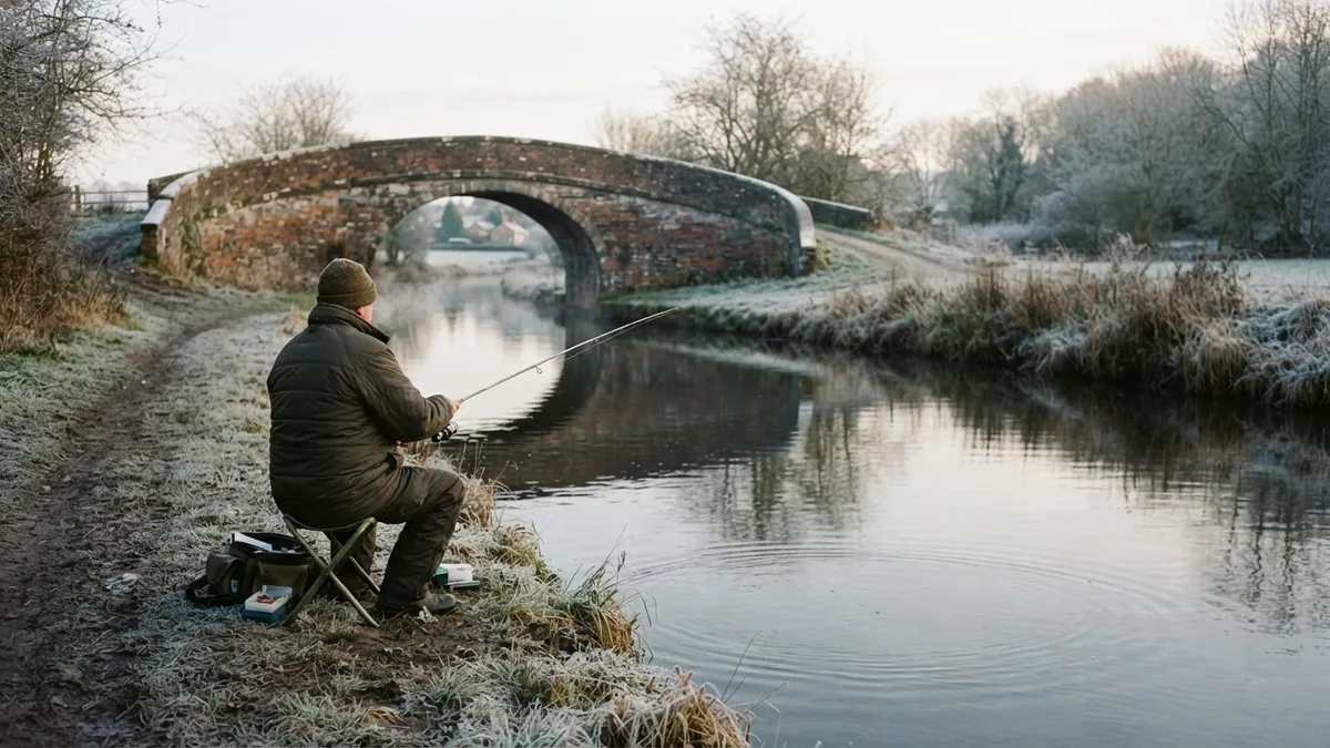 Angler on a stool on a frosty canal towpath by an old brick bridge, fishing a light spinning rod