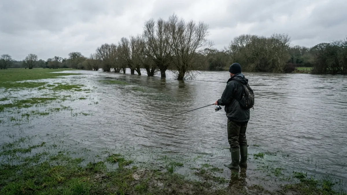 Angler in wellington boots fishing a spinning rod along the edge of a river flooding a winter meadow