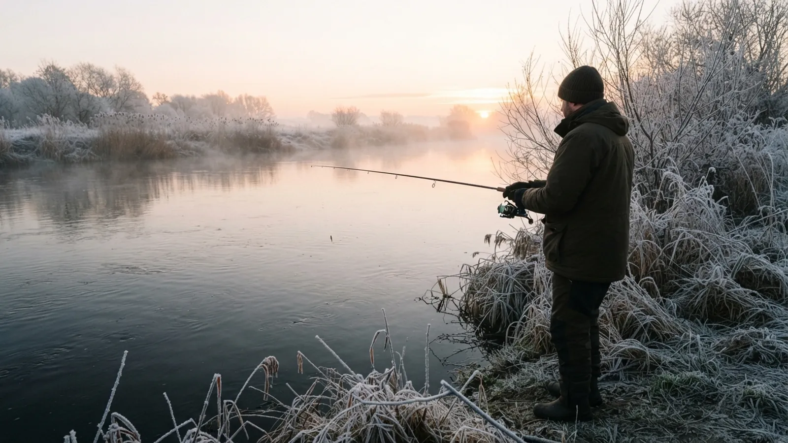 Angler with a spinning rod on a frosted riverbank at sunrise, mist rising from the open water