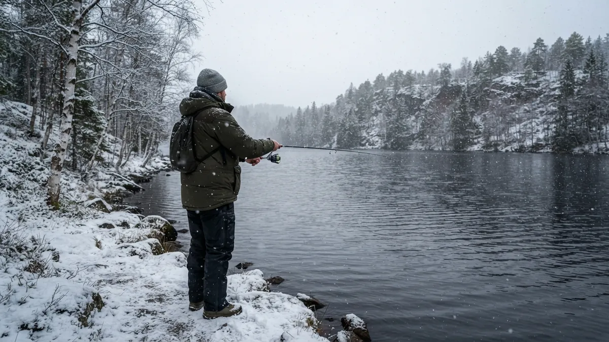 Angler in a winter jacket retrieving a lure with a spinning rod from a snowy lake shore, the water open and dark