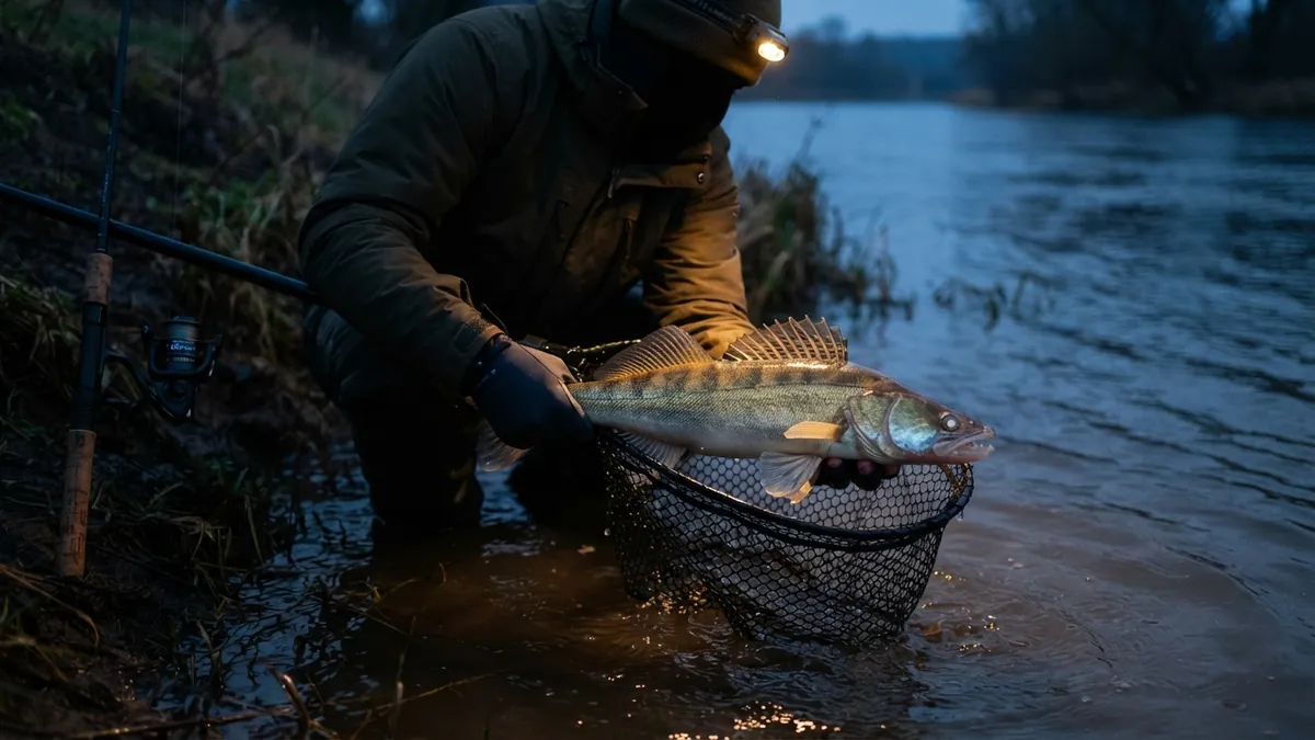Angler at twilight lifting a zander in a rubber landing net from murky river water, lit by a headlamp