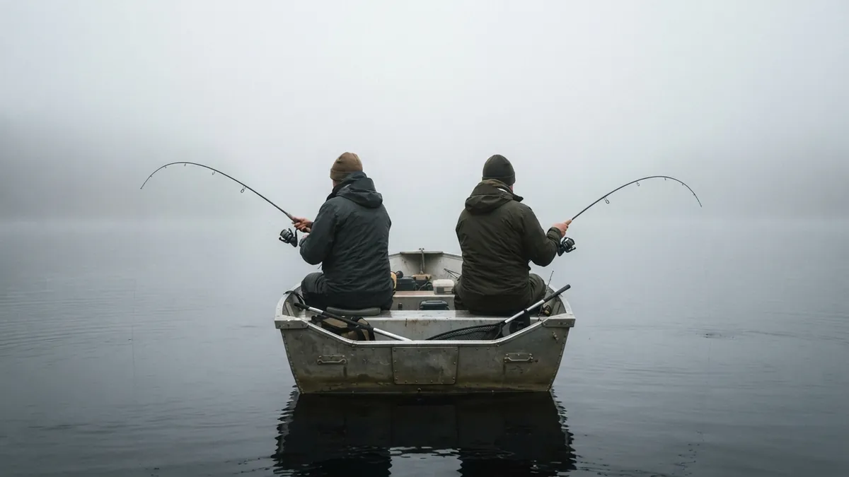 Two anglers in a small boat jigging with bent spinning rods on a foggy lake in late autumn