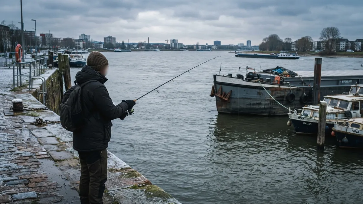 Angler in winter clothes fishing a spinning rod from a frosty stone harbour wall on a grey December day