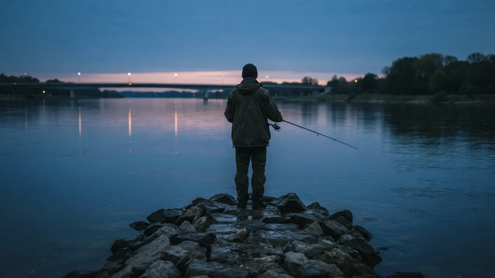 Angler jigging a spinning rod from a stone groyne on a wide river at blue hour, bridge lights in the distance