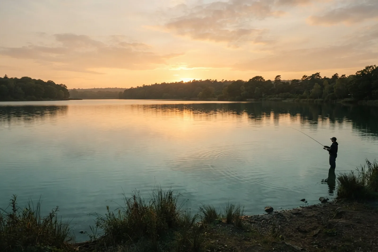 Angler on a calm lake at golden hour